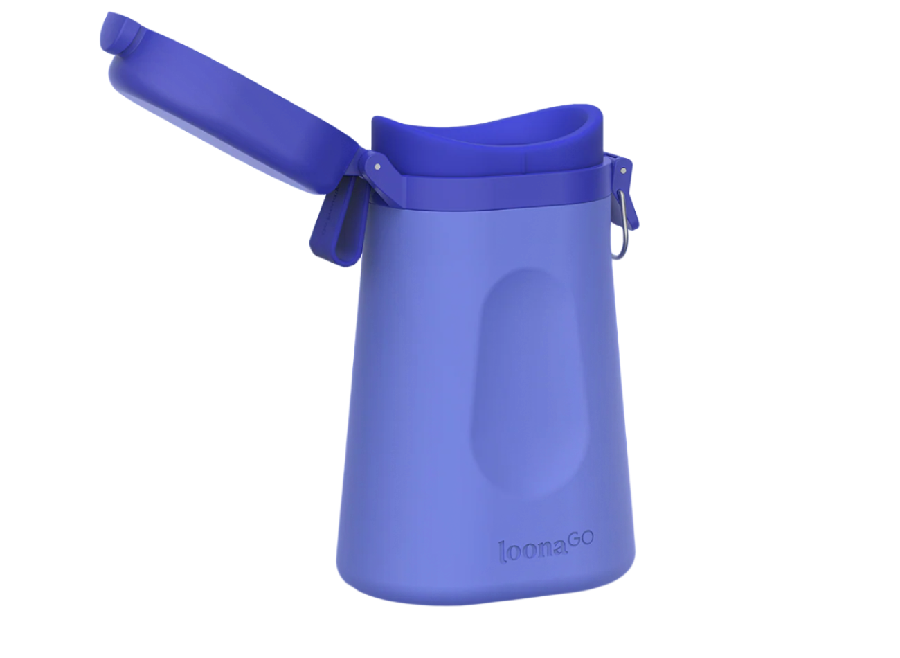 blue LoonaGo with the lid flipped open, showing the wide funnel opening, side latch, and carry loop