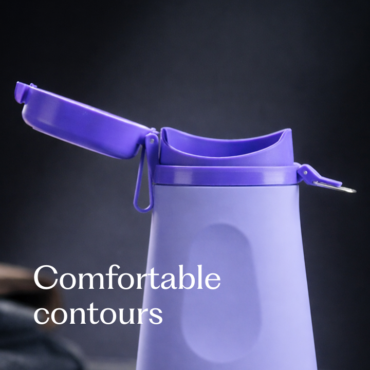 Close-up of purple LoonaGo with lid open, highlighting the ergonomically contoured opening designed for comfort