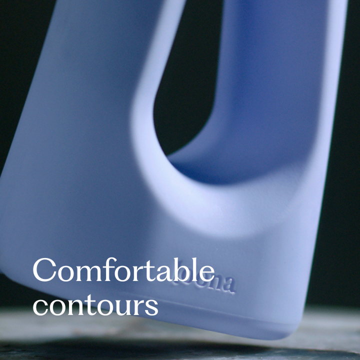 Detail shot of the periwinkle Loona's contoured body and embossed loona logo, highlighting its ergonomic shape designed for comfort