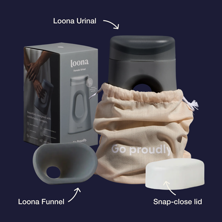 Loona female urinal unboxing showing what's included: the Loona urinal, removable funnel, snap-close lid, branded "Go proudly" carry pouch, and product packaging