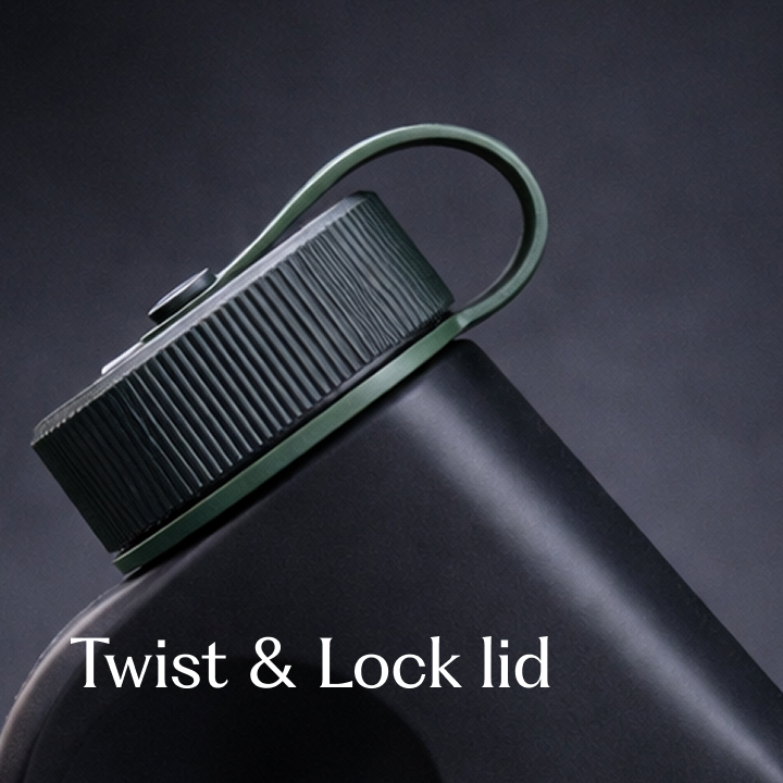 Detailed close-up of the Tanker's ribbed twist-and-lock lid with attached silicone carry loop