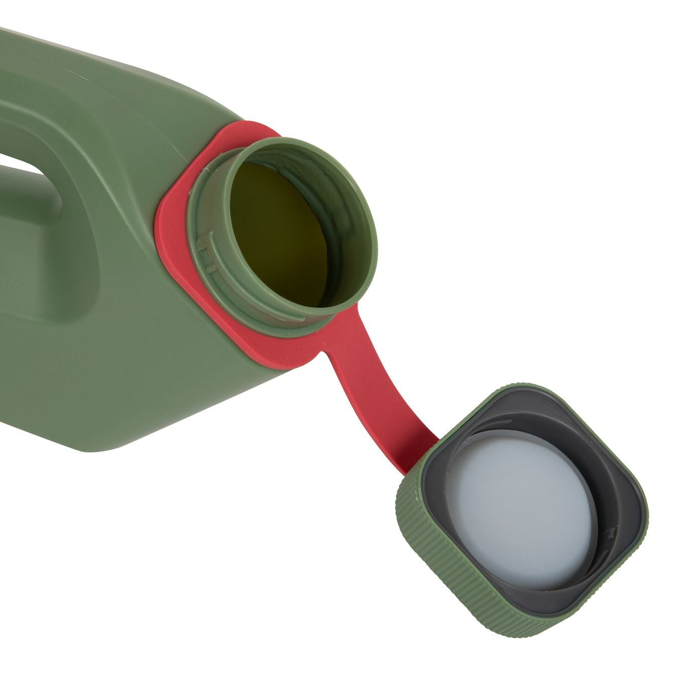 Sage green Tanker shown with its twist-off lid removed, revealing the wide-mouth opening and silicone seal that prevent leaks