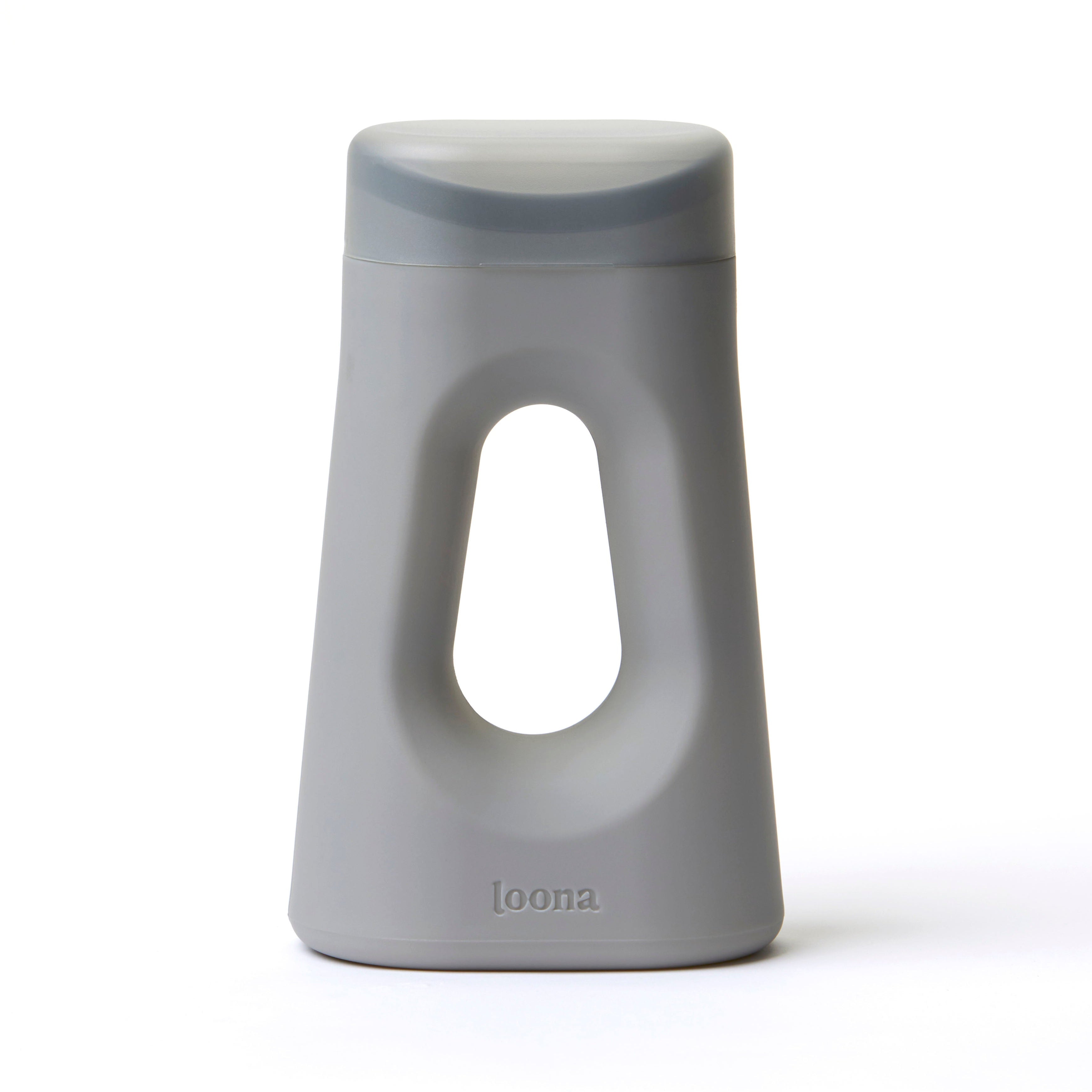 Front view of the Loona female urinal in gray on a white background, featuring the embossed loona logo and ergonomic silhouette