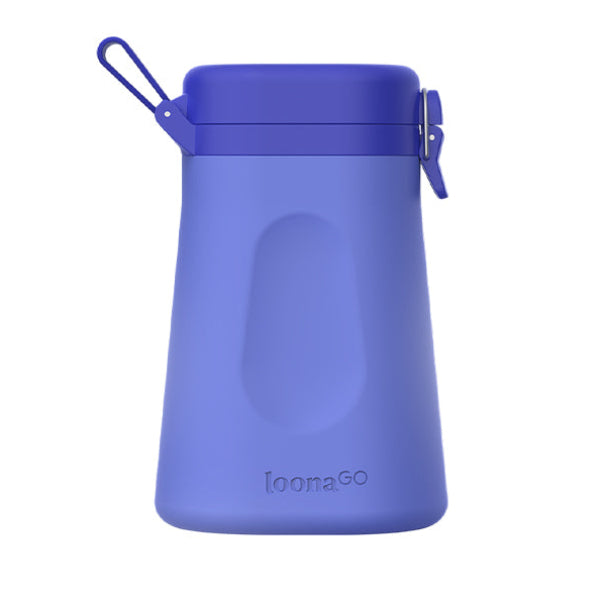 Front view of the LoonaGo female urinal in periwinkle blue on a white background, showing the embossed loonaGO logo and side latch