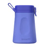 Front view of the LoonaGo female urinal in periwinkle blue on a white background, showing the embossed loonaGO logo and side latch