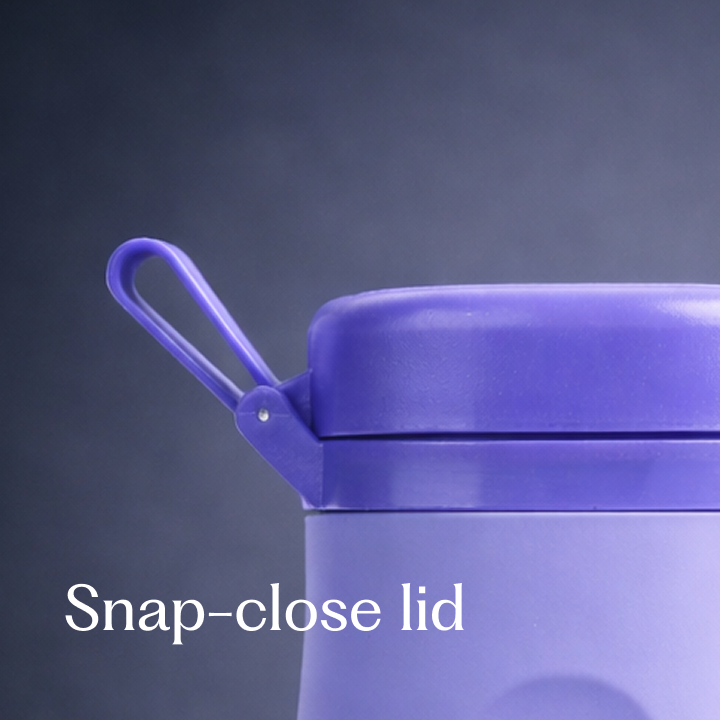 Detailed close-up of the purple LoonaGo's snap-close lid and integrated pull tab