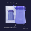 LoonaGo female urinal beside its branded box with feature callouts pointing to the snap-close lid, latch and lock mechanism, and leak-proof body