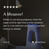 Five-star review from verified buyer Emily D. titled "A lifesaver!" describing the Loona's usefulness during pregnancy and nighttime urges