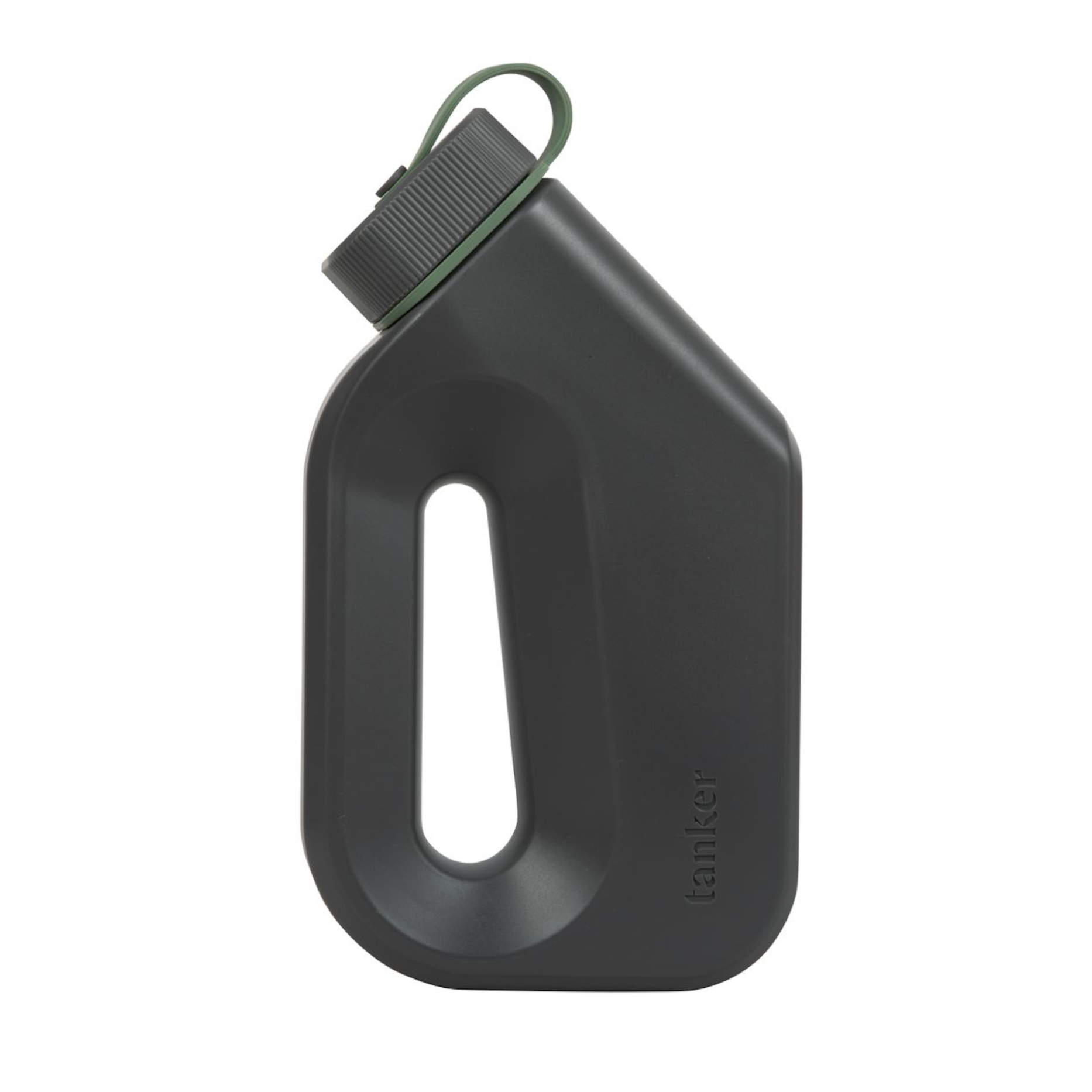Charcoal gray Tanker male urinal on a white background, showing the angled spout, integrated handle, and twist-lock cap with carry loop