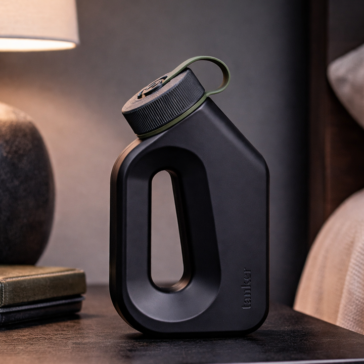 Black Tanker male urinal on a bedside nightstand, designed as a discreet overnight solution for the bedroom