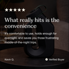 Five-star review from verified buyer Kevin Q. titled "What really hits is the convenience," praising overnight capacity and middle-of-the-night convenience