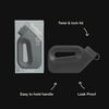 Charcoal Tanker male urinal beside its branded box with callouts pointing to the twist & lock lid, easy to hold handle, and leak-proof body